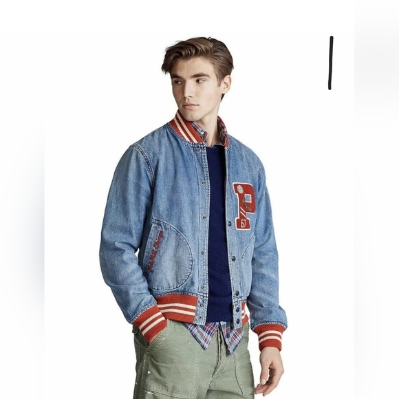 Polo Ralph Lauren Men USA P-Wing Letterman Varsity Baseball Jean Jacket